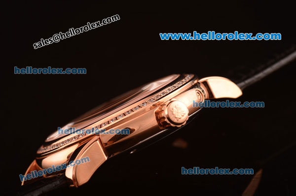 Patek Philippe Calatrava Swiss Quartz Rose Gold Case with Diamond Bezel and Black Leather Strap - Click Image to Close